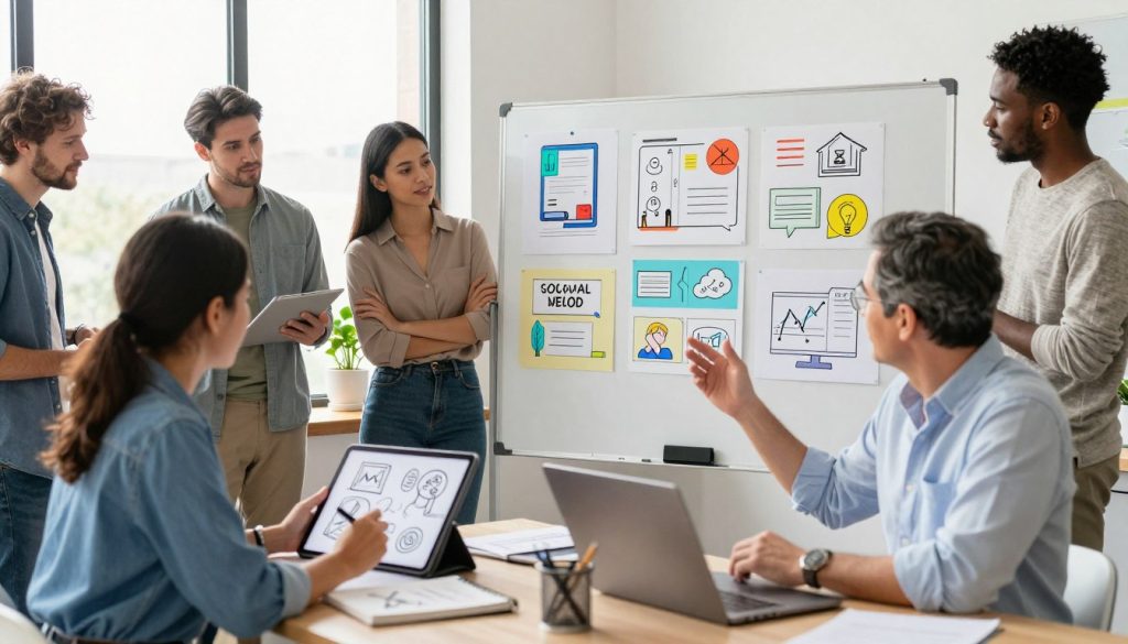 A vibrant and engaging workspace scene featuring a diverse group of small business owners, including men and women of various ethnic backgrounds, brainstorming ideas for social media ad creatives. In the foreground, a young woman in smart casual attire is sketching design concepts on a tablet, while a middle-aged man in a business shirt shares ideas with a laptop open in front of him. In the middle, a large whiteboard showcases colorful mock-ups of ad designs, icons, and marketing strategies, creating a sense of collaboration. The background features bright, natural lighting streaming through large windows, and plants adding a fresh touch. The atmosphere is energetic and inspiring, emphasizing creativity and teamwork in developing eye-catching social media advertisements.