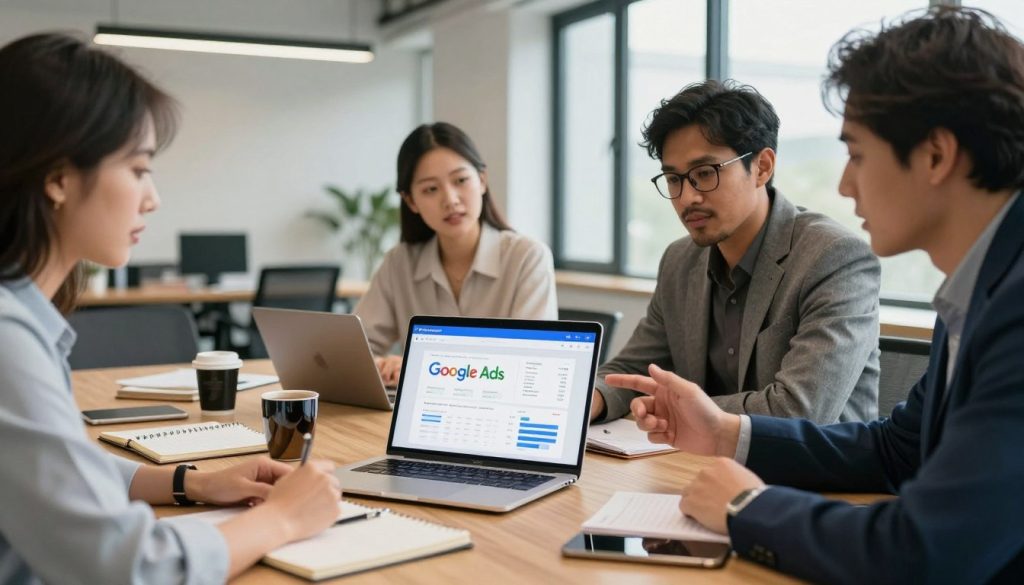 A vibrant digital marketing scene showcasing a professional small business setting, centered around a sleek laptop displaying Google Ads. In the foreground, a diverse group of three business professionals, dressed in smart casual attire, intently discussing campaign strategies, with charts and graphs visible on the laptop screen. The middle ground features a stylish conference table with notebooks, tablets, and coffee mugs that reflect a collaborative atmosphere. The background includes a modern office environment with large windows letting in natural light, creating an optimistic and productive mood. Warm lighting accents the professionals’ focused expressions, conveying their determination to structure effective marketing campaigns. Subtle branding elements include the logo of "North Layer" on one of the laptops and notebooks.