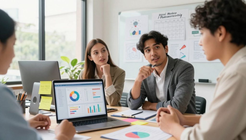 A vibrant, engaging workspace setting where a diverse group of professionals is actively discussing social media strategies. In the foreground, a laptop displaying a social media analytics dashboard is open, surrounded by colorful sticky notes and charts illustrating influencer metrics. In the middle, two individuals—a Caucasian woman and a Hispanic man—are brainstorming ideas, looking inspired, with professional attire that reflects modern business fashion. In the background, a large whiteboard is filled with sketches of influencer partnerships and content calendars. Natural daylight streams through a window, creating a warm and productive atmosphere. The overall mood is collaborative and innovative, showcasing the dynamic essence of utilizing influencer partnerships for effective social media content planning.