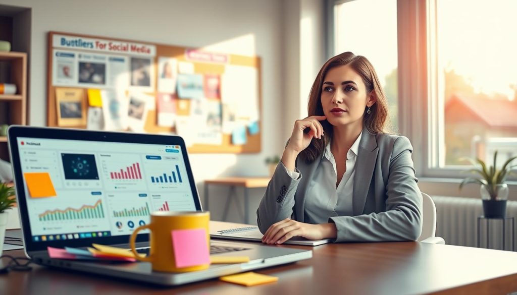 A vibrant scene depicting a small business social media workspace. In the foreground, a laptop displays various social media platforms and analytics, surrounded by colorful post-it notes and a coffee mug. A focused, professional woman in smart casual attire is sitting at the desk, analyzing data with a thoughtful expression. The middle layer reveals a well-organized office space with a bulletin board showcasing promotional materials and social media strategies. In the background, large windows allow warm sunlight to flood the room, creating a bright and inviting atmosphere. The overall mood is productive and inspiring, emphasizing the importance of effective social media management for small businesses. Use natural lighting and a slight depth of field to keep the focus on the subject.