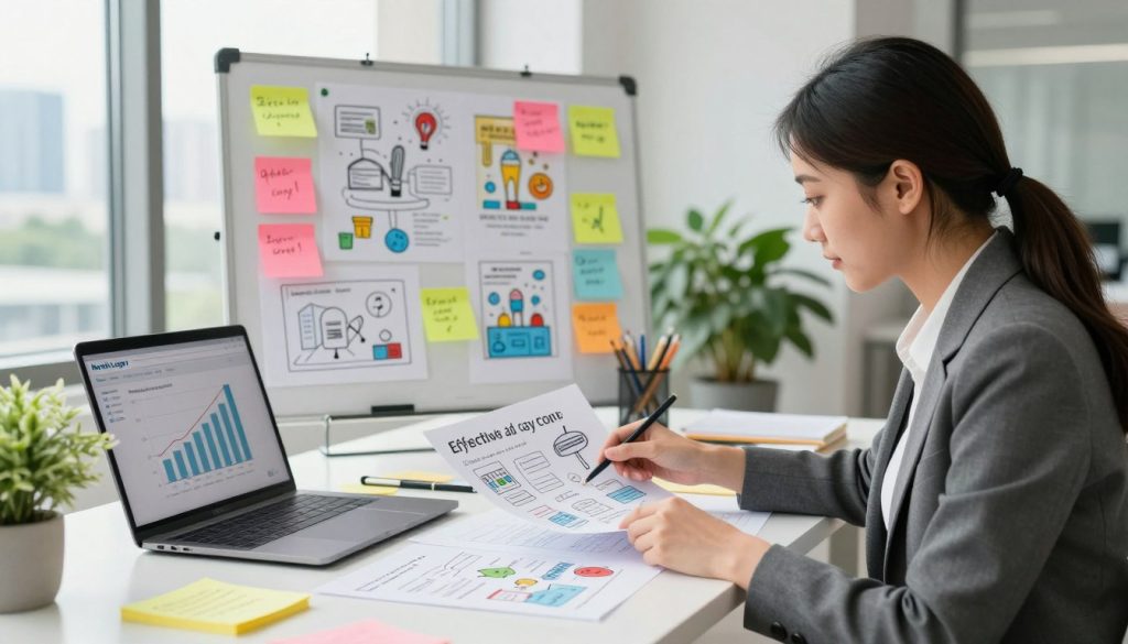 A vibrant, visually engaging workspace scene highlights the essence of effective ad copy. In the foreground, a professional woman, dressed in smart business attire, intently analyzes multiple advertising drafts spread across her stylish desk, surrounded by notes and a laptop displaying a graph of increasing engagement. In the middle, a bright brainstorming board showcases colorful sticky notes and sketches of captivating ad ideas, symbolizing creativity and strategy. The background features large windows with soft natural light pouring in, creating an inviting atmosphere filled with greenery. A modern city skyline is faintly visible outside, hinting at the digital marketplace. The mood is focused and energetic, reflecting determination and innovative spirit. Brand presence is subtly indicated with the logo of "North Layer" on the laptop screen.