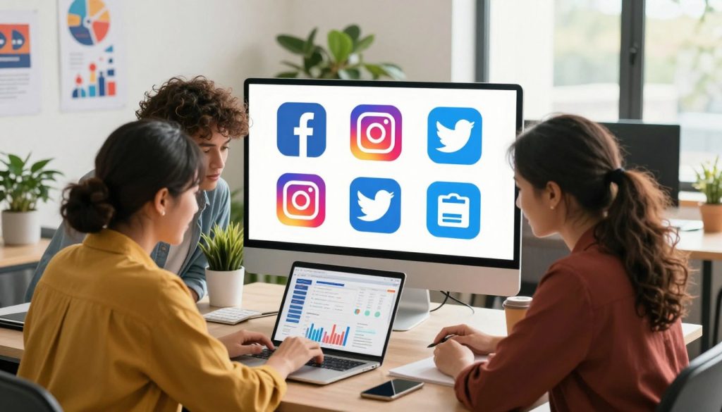 A vibrant workspace centered around a small business social media marketing strategy. In the foreground, a diverse team of three professionals in smart casual attire engages around a laptop, analyzing analytics on social media platforms. The middle section features an array of colorful social media icons (like Facebook, Instagram, Twitter) displayed on a large screen, symbolizing various platforms. In the background, a cozy office environment with plants and posters illustrating marketing concepts gives a warm, inviting atmosphere. The lighting is bright and natural, suggesting a sunny day outside a window, enhancing the mood of innovation and collaboration. Use a wide-angle view to capture the teamwork and dynamic essence of choosing the right platforms for business visibility.