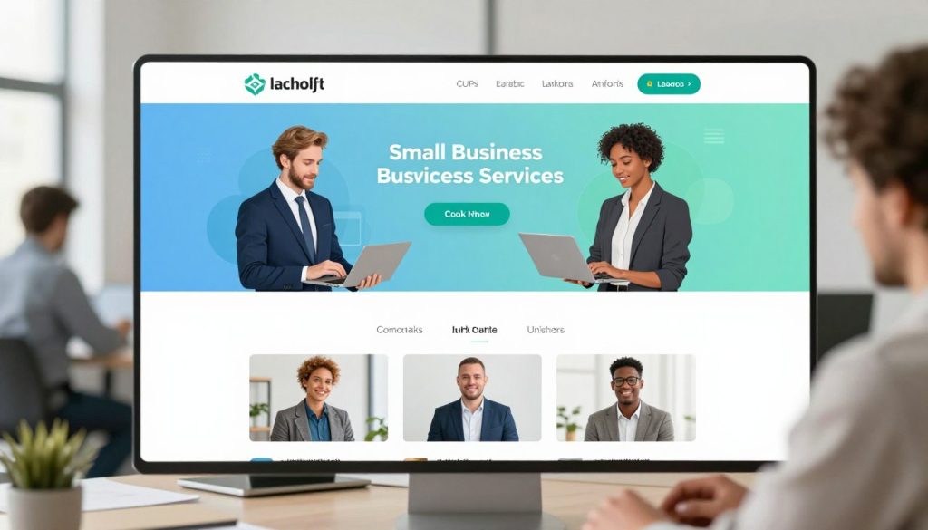 A visually appealing top landing page design showcasing a user-friendly experience for small businesses. In the foreground, a professional-looking website mockup featuring intuitive navigation, clear call-to-action buttons, and engaging imagery related to small business services. The middle layer should include illustrations of diverse, business-attired individuals engaging with the website on various devices like laptops and tablets, expressing satisfaction. In the background, a softly blurred office environment to emphasize a productive atmosphere. The lighting is bright and inviting, highlighting the fresh color palette of the landing page design, with a focus on calm blues and energizing greens. The overall mood should convey professionalism, accessibility, and warmth, emphasizing the importance of a welcoming user experience.