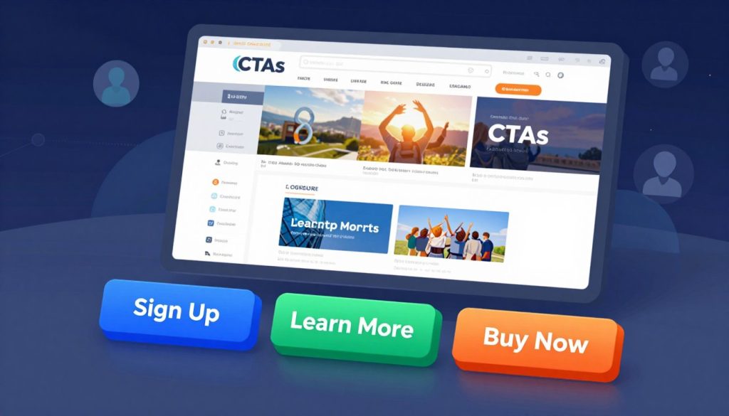 A visually engaging and informative illustration depicting various types of calls-to-action (CTAs) used on websites. In the foreground, arrange three distinct buttons labeled “Sign Up,” “Learn More,” and “Buy Now,” each designed in vibrant colors to grab attention. The middle ground features a computer screen displaying a webpage that showcases these CTAs in different sections, such as a sidebar, a hero image area, and at the bottom of the page. In the background, a subtle gradient representing a digital landscape, with abstract shapes symbolizing internet connectivity and user engagement. The lighting is bright and inviting, highlighting the buttons’ finish while creating a professional atmosphere. A slight tilt angle captures the depth and dimension of the scene while ensuring clarity. The overall mood is dynamic and motivational, encouraging website visitors to take actionable steps.
