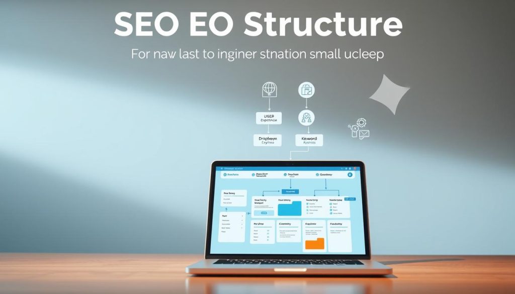 A visually engaging and informative illustration of a website structure for SEO optimization, featuring a central flowchart showcasing a clear hierarchy of navigation elements. In the foreground, a laptop displaying a well-organized website layout with dropdown menus and interconnected pages. The middle layer includes icons representing user experience, search engines, and keywords, arranged around the laptop, conveying the importance of structured navigation. The background is a soft gradient that suggests a digital workspace, with abstract shapes symbolizing data flow and connectivity. The lighting is soft and professional, simulating an office environment, and the angle is slightly above eye-level, offering a comprehensive view. The overall mood is focused and inspiring, promoting clarity and ease of navigation for small businesses.
