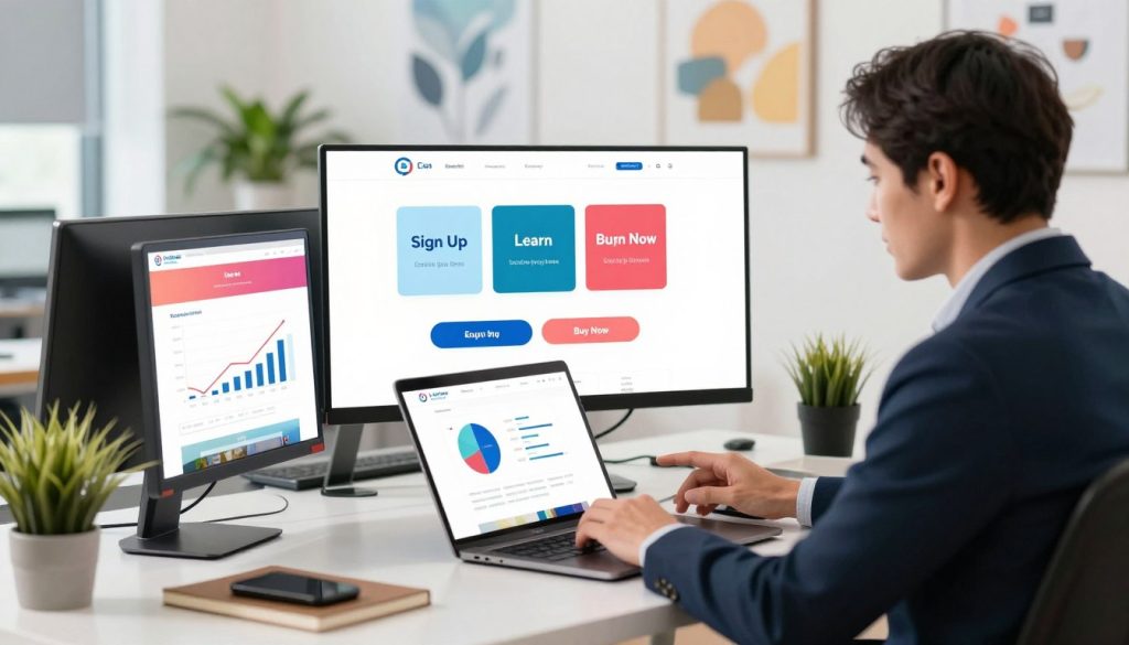 A visually engaging digital workspace depicting a website design process focused on calls-to-action (CTAs). In the foreground, a professional in smart business attire sits at a modern desk, thoughtfully analyzing website mockups on a laptop. In the middle ground, vibrant, colorful elements of the website featuring prominent buttons labeled “Sign Up,” “Learn More,” and “Buy Now” are displayed alongside charts illustrating user engagement metrics. The background features a clean, well-lit office environment with plants and inspirational artwork, conveying a sense of productivity and creativity. The lighting is bright and inviting, highlighting the workspace. The atmosphere feels dynamic and focused, emphasizing the essential role CTAs play in guiding the user journey through an online experience.