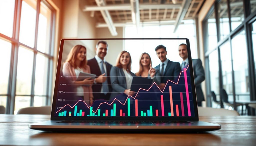 A visually engaging representation of visibility data, featuring a dynamic mix of line graphs and vibrant bar charts indicated in a digital interface. In the foreground, a sleek laptop displays historical trend analytics with glowing graphs showcasing upward trends, symbolizing strategic growth. In the middle ground, a diverse group of professionals in business attire, engaged in discussion over the laptop, with expressions of curiosity and determination. The background reveals a modern office environment with large windows letting in bright, natural light, casting soft shadows. The atmosphere is one of innovation and collaboration, creating a sense of optimism for the future. Use a wide-angle lens effect to emphasize the teamwork, with a warm color palette to evoke a sense of progress.
