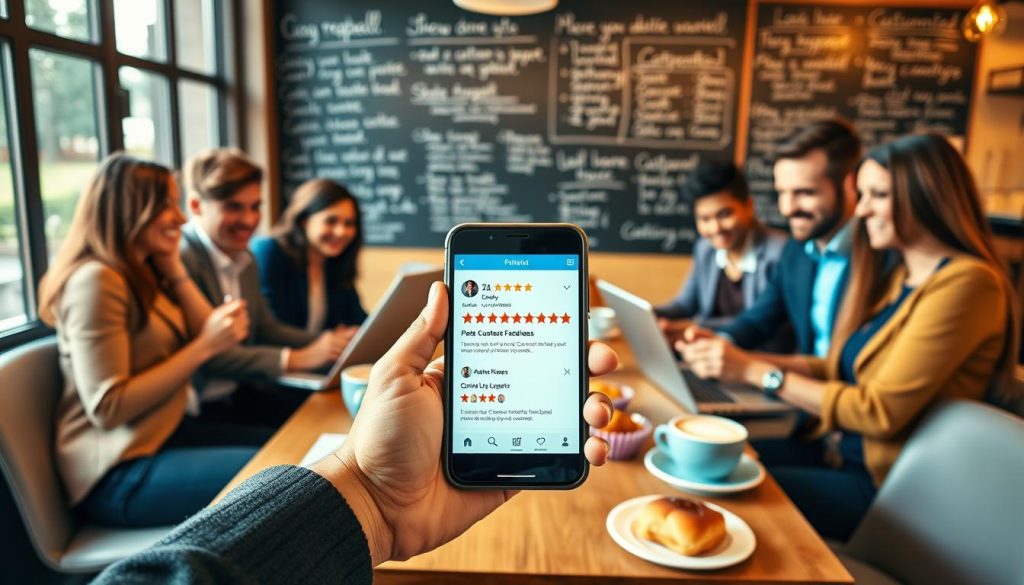 A visually engaging scene depicting a cozy coffee shop setting, where a small group of diverse young professionals in business casual attire are gathered around a table, reviewing customer feedback on sleek laptops and tablets. In the foreground, a hand holds a smartphone displaying positive online reviews, with star ratings clearly visible. In the middle ground, vibrant cups of coffee and pastries add an inviting touch, while the background features a chalkboard wall filled with handwritten customer testimonials and feedback notes. Warm, natural lighting filters through large windows, creating a welcoming atmosphere, with soft bokeh effects to emphasize focus on the group. The mood is collaborative and optimistic, illustrating the importance of leveraging feedback to build trust.