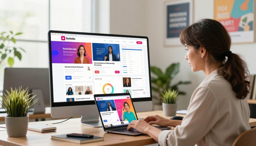 A visually engaging scene depicting a small business owner analyzing a social media advertising campaign. In the foreground, a focused middle-aged woman in smart casual attire is looking at a laptop screen with vibrant social media ads displayed. In the middle, a large digital board showcases various social media platforms with ads and analytics, emphasizing retargeting strategies. The background features a bright, airy office space with plants and motivational posters, creating a productive atmosphere. Soft, natural lighting filters through the window, casting a warm glow over the scene. The overall mood is inspiring and entrepreneurial, capturing the essence of small business success through effective social media marketing.