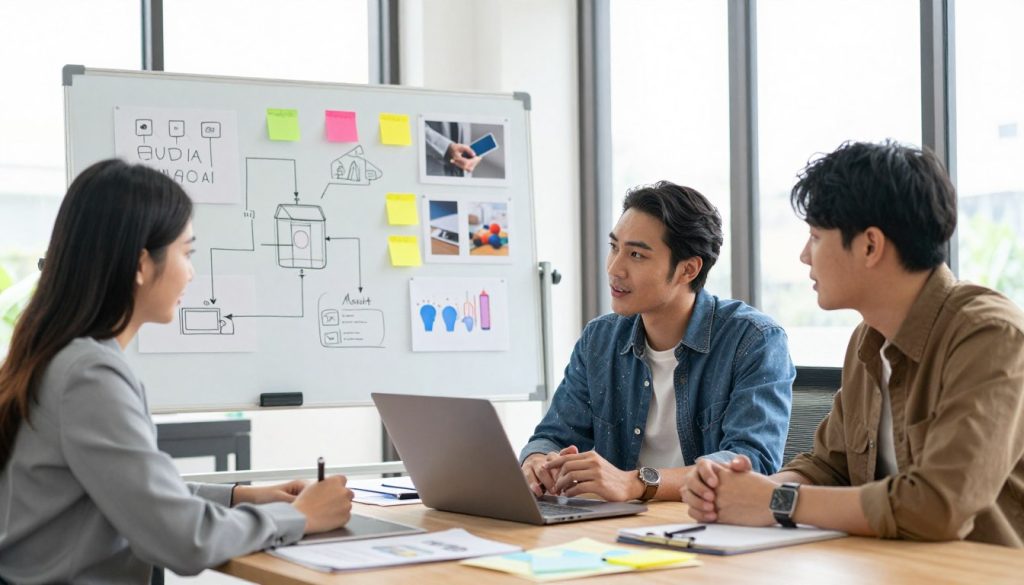 A visually engaging workspace scene set in a bright, modern office. In the foreground, a diverse group of three professionals, including a woman in a smart blazer and two men in casual yet neat attire, brainstorm social media content ideas around a laptop. They're surrounded by colorful sticky notes and sketches illustrating product promotions. In the middle ground, a whiteboard filled with flowcharts, graphs, and product images adds depth to their planning. The background features large windows allowing natural light to flood the room, creating a warm and inviting atmosphere. The lighting is soft, enhancing a positive and creative mood, perfect for inspiring effective marketing strategies. Ensure the image embodies professionalism and collaboration without any textual elements.