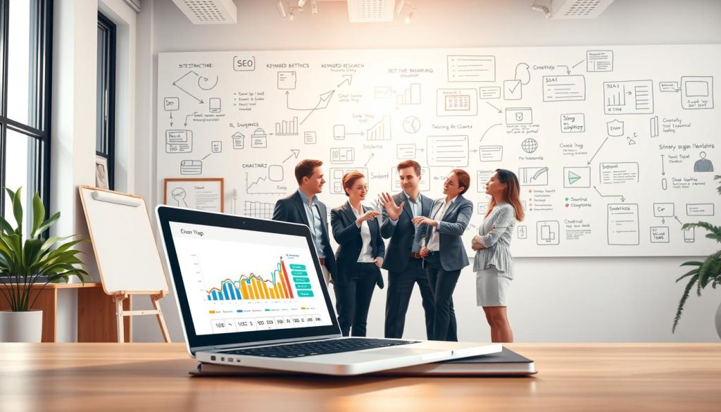 A visually rich illustration of the core components of a successful technical SEO strategy. In the foreground, a large, open laptop displaying graphs and analytics, symbolizing data-driven decision-making. In the middle, a diverse group of professionals in business attire are engaged in discussion, pointing at the laptop and analyzing SEO elements such as site structure, keyword research, and meta tags. The background features a modern workspace with whiteboards filled with diagrams on SEO processes and dynamic tech elements like code snippets and digital metrics. Soft, natural lighting spills in from a window, creating a collaborative, productive atmosphere. The overall mood is focused and inspiring, emphasizing teamwork and innovation in small business SEO strategies.