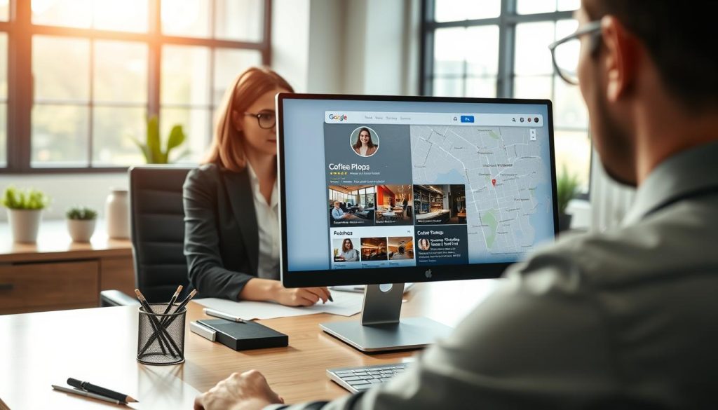 A well-organized Google Business Profile displayed on a computer screen in a modern office setting. In the foreground, focus on the screen showing an engaging interface with vibrant images of a local coffee shop, a map highlighting the location, and customer reviews. In the middle ground, a professional woman in business attire thoughtfully analyzes the profile, seated at a sleek wooden desk with office supplies neatly arranged. The background features soft natural light filtering through large windows, casting a warm glow on the contemporary decor of the office. The overall mood is dynamic and focused, emphasizing the importance of mastering online presence for local businesses. The camera angle captures the screen clearly, showcasing the profile details effectively. A well-organized Google Business Profile displayed on a computer screen in a modern office setting. In the foreground, focus on the screen showing an engaging interface with vibrant images of a local coffee shop, a map highlighting the location, and customer reviews. In the middle ground, a professional woman in business attire thoughtfully analyzes the profile, seated at a sleek wooden desk with office supplies neatly arranged. The background features soft natural light filtering through large windows, casting a warm glow on the contemporary decor of the office. The overall mood is dynamic and focused, emphasizing the importance of mastering online presence for local businesses. The camera angle captures the screen clearly, showcasing the profile details effectively.