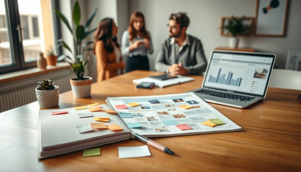 A workspace scene featuring a detailed social media content calendar on a large wooden desk. The foreground shows an open notebook with colorful sticky notes and a pen, representing post ideas and scheduling. In the middle, the calendar is visually rich, showcasing posts for various platforms with icons and images symbolizing each type, like Instagram, Facebook, and Twitter. In the background, a potted plant and a laptop open to a social media analytics dashboard add a tech-savvy vibe. Soft, natural light filters through a nearby window, creating a warm and inviting atmosphere. The overall mood is focused and organized, ideal for a small business setting. Professional individuals in modest attire can be seen discussing strategies in the background, adding to the collaborative feel.