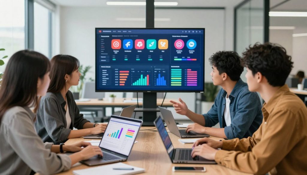 An artistic representation focusing on social media strategy and analytics. In the foreground, a diverse group of four professionals in smart casual attire are engaged in a brainstorming session, surrounded by laptops and digital devices displaying colorful graphs and analytics dashboards. In the middle ground, a large screen displays live data from various social media platforms, illuminated with bright colors. The background features a modern office space with minimalist decor and large windows, allowing natural light to flood in. The atmosphere is collaborative and dynamic, conveying a sense of urgency and innovation as the team discusses trends and strategies. The lighting should be bright yet soft, emphasizing clarity and focus, with a slight lens blur in the background for depth.