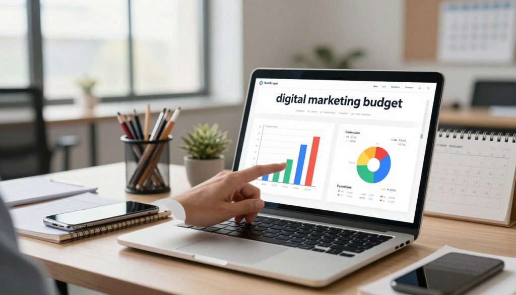 A beautifully designed digital workspace illustrating a "digital marketing budget" concept. In the foreground, a laptop displays colorful graphs and charts related to Google Ads spending, with a person's hand in professional business attire pointing at the screen. The middle layer features a neatly arranged desk with stationery, a smartphone, and a notepad filled with budgeting notes. The background reveals a modern office environment with soft lighting, showcasing large windows that let in natural light, creating a warm and inviting atmosphere. Incorporate elements that signify strategy and planning, such as a calendar marked with important dates. Include the brand name "North Layer" subtly integrated into the workspace elements, ensuring the focus remains on budgeting strategies for Google Ads. The overall mood is professional and inspiring, emphasizing the importance of informed financial decisions in digital marketing.