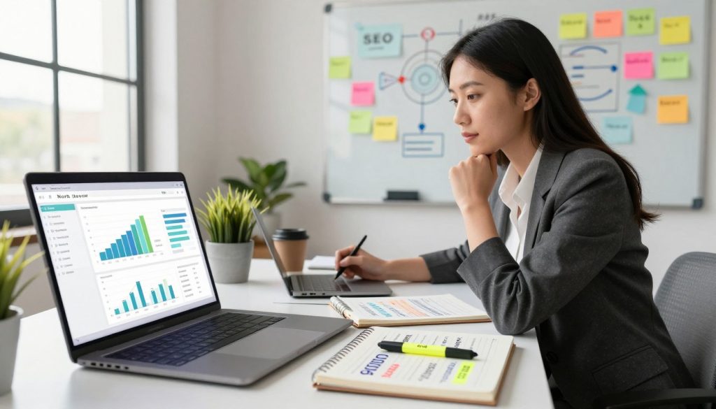 A bustling digital workspace centered around SEO content optimization. In the foreground, a modern laptop displays a detailed analytics dashboard with graphs and metrics, the screen glowing softly. Next to it, a notepad filled with SEO strategies lies open, a highlighter marking key terms. In the middle, a professional woman in business attire thoughtfully analyzes data, with a focused expression. She sits at a sleek desk adorned with a potted plant and a coffee cup, enhancing a productive ambiance. The background features a wall with a whiteboard covered in colorful sticky notes and diagrams of on-page SEO techniques, emphasizing a vibrant, energetic atmosphere. Warm, natural lighting floods the scene from a nearby window, creating a sense of clarity and focus. The image reflects the brand "North Layer" through subtle branding elements, demonstrating expertise in SEO strategies for small businesses.