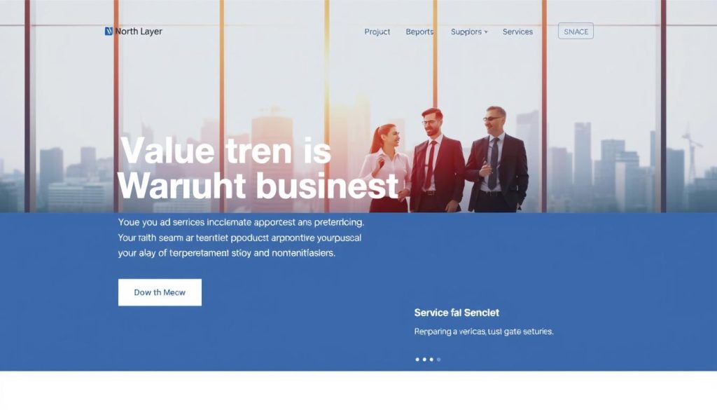 A clean and modern landing page design for a small business, featuring a prominent value proposition. In the foreground, a well-structured layout with clear sections showcasing a compelling headline, supporting text, a call-to-action button, and vibrant visuals illustrating services. The middle layer includes an eye-catching image of a diverse group of professionals in business attire, collaborating in a bright and inviting office space. In the background, the outline of a city skyline, symbolizing growth and opportunity. Soft natural lighting from large windows creates a warm and welcoming atmosphere, enhancing the sense of professionalism. The brand name "North Layer" is subtly integrated into the design.