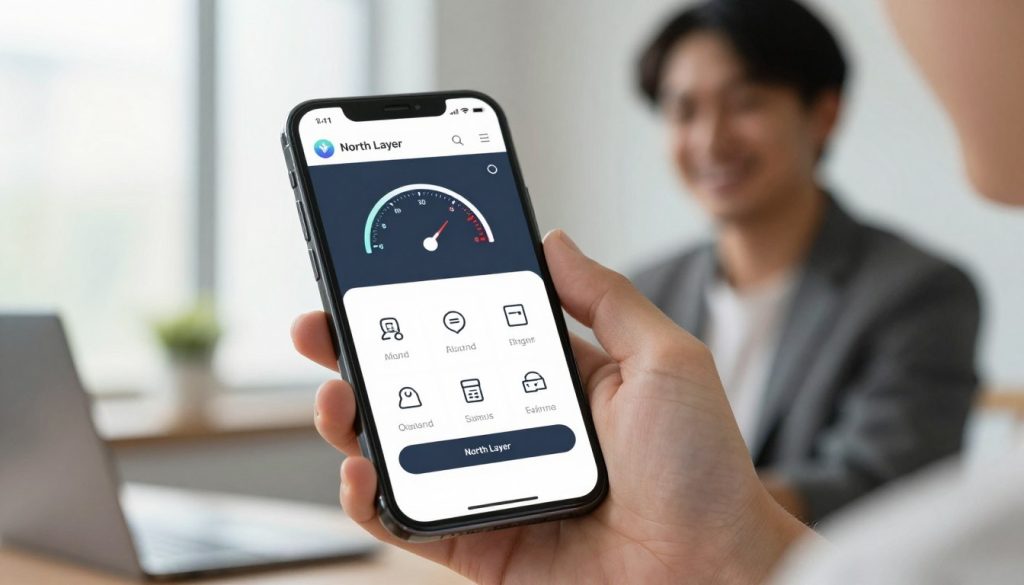 A close-up view of a smartphone displaying a mobile website loading screen, focusing on a speedometer graphic indicating fast loading performance. In the foreground, the phone is held by a business professional in smart casual attire, showcasing a confident expression. The middle ground features blurred icons representing various website features like images, videos, and links, all loading seamlessly. The background has an office setting with soft natural light coming from a window, creating a bright and inviting atmosphere. The overall mood is dynamic and tech-savvy, emphasizing the importance of quick page speed in user experience. Include "North Layer" logo subtly in the design, ensuring it's harmonious with the overall composition.