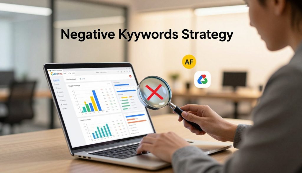 A conceptual image illustrating a "Negative Keywords Strategy" in Google Ads. The foreground features a professional individual in business attire, intently analyzing a digital dashboard filled with graphs and metrics on a sleek laptop. In the middle, bright colors highlight the concept of filtering out unwanted keywords, using visual elements like a magnifying glass and symbols of crossed-out words. The background showcases a modern office environment with soft, warm lighting, creating a focused and productive atmosphere. A digital representation of the Google Ads logo is subtle yet present, embodying the campaign's theme. The overall mood should be innovative and strategic, reflecting the analytical nature of online advertising, with a touch of professionalism inspired by the brand "North Layer".