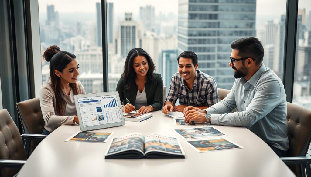 A creative and informative scene depicting small business owners engaging with Facebook ads for their stores within a modern office environment. In the foreground, a diverse group of small business owners—two women and one man—are seated around a stylish conference table, examining marketing strategies on a laptop displaying Facebook ad analytics. The middle ground features marketing materials showcasing vibrant ad examples. In the background, a large window reveals a bustling cityscape, symbolizing the broader market. Soft, natural lighting filters through the window, creating a bright and optimistic atmosphere. The overall mood is professional yet approachable, reflecting collaboration and growth. The image should include the logo for "North Layer" subtly incorporated into the marketing materials without text, ensuring the focus remains on the scenario.