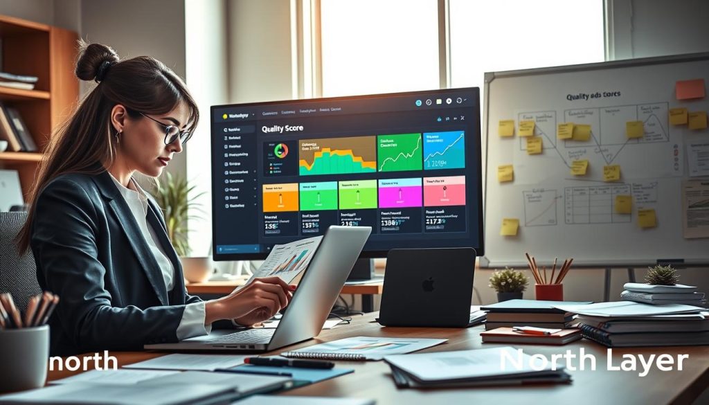 A detailed workspace setting illustrating a "Google Ads audit" focusing on "Understanding Quality Score." In the foreground, a professional businesswoman wearing smart attire is intently analyzing graphs and spreadsheets on her laptop, with Google Ads metrics visible. The middle features a large screen displaying a colorful dashboard of Quality Score elements like click-through rates, ad relevance, and landing page experience, surrounded by marketing materials and notes. In the background, a whiteboard is filled with strategic diagrams and post-it notes. The lighting is bright and inviting, coming from a large window to the side, creating a focused and productive atmosphere. The overall mood is one of determination and clarity, conveying the importance of reviewing key metrics for small businesses. North Layer branding can be subtly represented in the decor within the setting.
