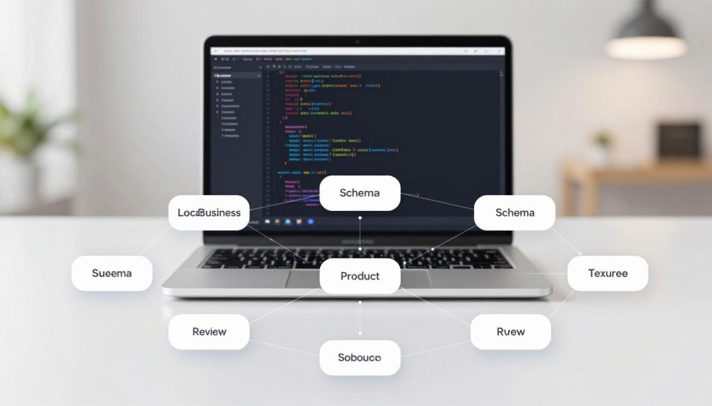 A digital illustration of a futuristic website schema markup diagram, clearly showcasing structured data in a visually engaging format. In the foreground, detailed nodes and connections representing various schema types like LocalBusiness, Product, and Review, all connected in a network pattern. The middle ground features a sleek laptop displaying a code editor with highlighted schema code snippets. The background is softly blurred, emphasizing a modern, minimalistic office environment with soft ambient lighting and a focus on productivity. The atmosphere is professional and optimistic, suggesting innovation and growth for small businesses. The brand name "North Layer" is subtly integrated into the design, enhancing the technological theme without text distractions.