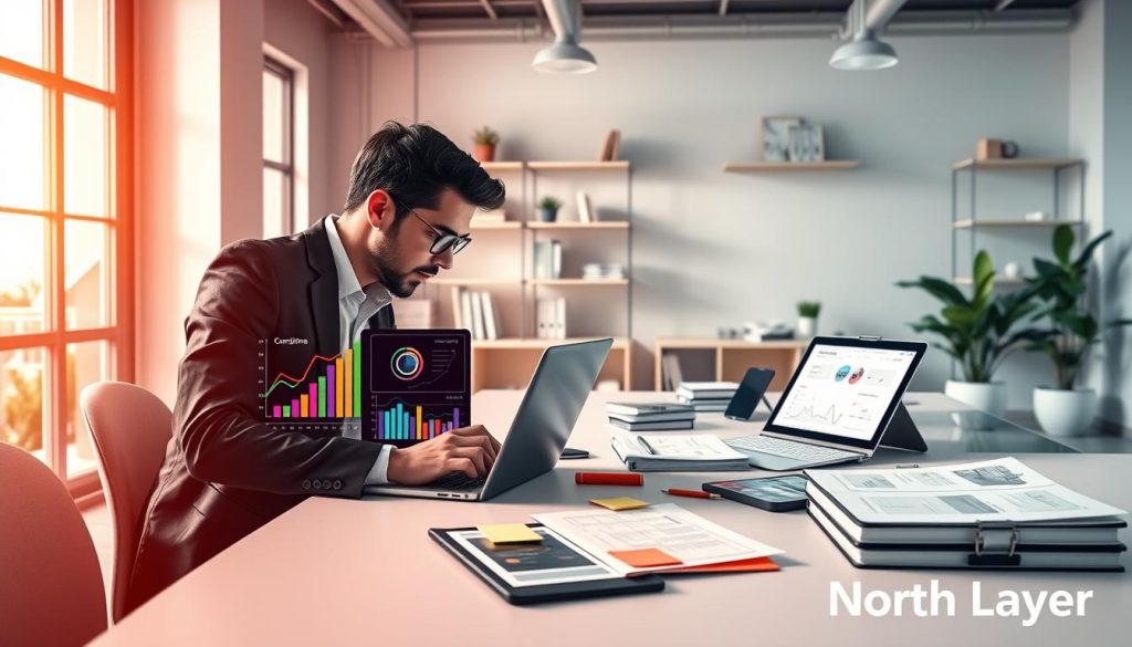 A digital workspace scene illustrating a website redesign guide for assessing SEO elements and best practices. In the foreground, a professional designer in smart casual attire is focused on a laptop displaying colorful graphs, metrics, and website layout sketches. The middle section features a variety of tools scattered on a sleek, modern desk, including SEO books, sticky notes, and a tablet with web analytics reports. The background consists of a bright, minimalist office with large windows allowing natural light to filter in, creating a warm and inviting atmosphere. Shelves filled with design resources and a soft plant accent enhance the organic feel of the environment. The overall mood is productive and innovative, reflecting the meticulous process of optimizing a website for better performance. Design elements prominently feature the brand name "North Layer".