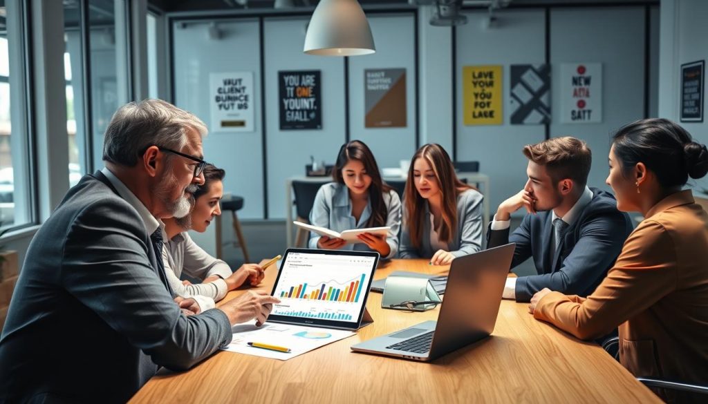 A diverse group of small business owners engaged in a brainstorming session, sitting around a modern conference table. Foreground focuses on a middle-aged businessman with glasses, wearing a smart suit, analyzing colorful demographics charts and graphs displayed on a laptop. In the middle, a young woman in business casual attire is making notes on a notepad while looking at another participant's screen. The background features large windows with natural light pouring in, illuminating a sleek office space adorned with motivational posters. The atmosphere is collaborative and dynamic, emphasizing teamwork and insights into audience targeting. This setting represents the essence of "North Layer" as a catalyst for understanding customer demographics in advertising.
