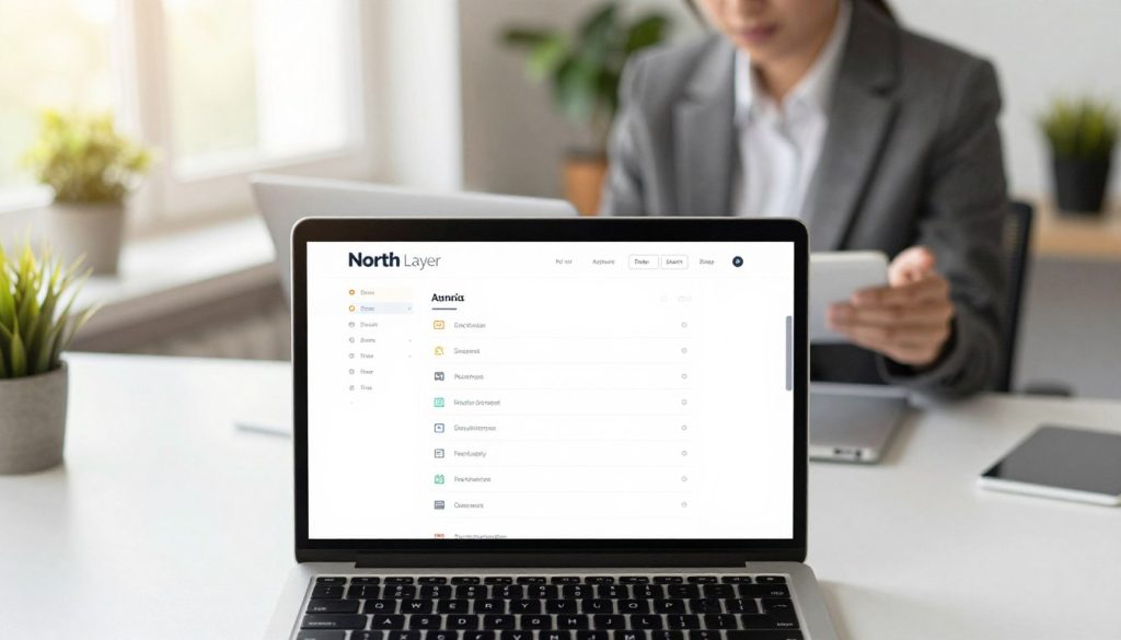 A dynamic and engaging website navigation design featuring a clean, user-friendly interface displayed on a modern laptop screen in a bright office environment. In the foreground, the laptop highlights well-organized navigation menus with intuitive icons and clear labels. The middle layer showcases a stylish desk with a professional business individual, dressed in smart casual attire, interacting with the laptop, exploring the navigation options. In the background, soft, natural sunlight filters through a large window, illuminating the contemporary workspace with potted plants and minimalistic decor, creating a focused and productive atmosphere. Employ a high-angle view to capture both the laptop and the working environment, emphasizing clarity and simplicity in design while conveying a sense of professionalism and efficiency. Branding subtly features "North Layer" in the laptop interface.