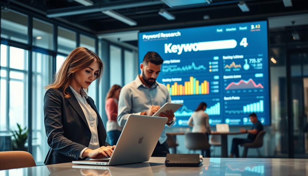 A dynamic and modern office setting featuring a group of diverse business professionals engaged in keyword research for Perplexity AI. In the foreground, a woman in a smart blazer is typing on a sleek laptop, while a man beside her, dressed in a smart casual shirt, analyzes data on a tablet. The middle ground showcases a large digital screen displaying keyword analytics and search trends, illuminated with vibrant colors. In the background, a chic office with glass walls shows team members collaborating. Soft, natural lighting enters through large windows, creating a conducive atmosphere for innovation. The mood is focused and energetic, reflecting the uniqueness of AI search experiences. Include subtle branding elements of "North Layer" within the office decor, ensuring visual harmony.