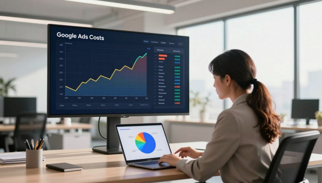 A dynamic and visually engaging scene depicting online advertising costs, set in a sleek modern office environment. In the foreground, a professional businesswoman in business attire analyzes a colorful pie chart on her laptop, showing various segments representing different advertising budgets. In the middle ground, a large digital screen displays fluctuating graphs related to Google Ads expenses, underscoring the concept of budgeting pitfalls. The background features a minimalist office with large windows, allowing natural light to flood the space, creating a bright and productive atmosphere. Soft shadows enhance the depth of the image, while a warm color palette conveys a sense of optimism and focus. Include the brand name "North Layer" subtly integrated into the digital screen design, ensuring it is not the focal point of the image.
