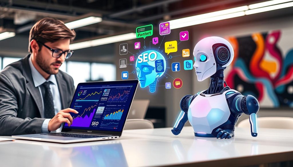 A dynamic digital workspace illustrating "AI in digital marketing." In the foreground, a sleek laptop displays analytics graphs and AI algorithms, surrounded by colorful charts and digital interfaces. To the left, a focused professional in smart business attire analyzes the data, their expression embodying curiosity and insight. In the middle ground, an AI robot is engaging with various digital marketing tools, representing automation and efficiency, while vibrant icons of SEO elements (like keywords and backlinks) float above its head. The background showcases a modern office environment with bright lighting and abstract digital art on the walls, conveying innovation and the future of technology. The atmosphere is energetic and forward-thinking, highlighting the synergy between AI and content optimization. Include the brand name "North Layer" subtly integrated into the digital displays.