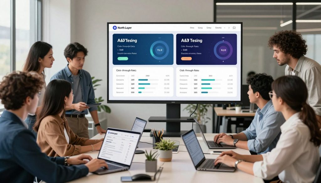 A dynamic office scene showcasing the concept of ad optimization through A/B testing. In the foreground, a diverse group of professionals, dressed in smart casual attire, are intently analyzing digital ads on laptops and tablets. In the middle, a large screen displays side-by-side comparisons of two advertising campaigns, highlighting metrics like click-through rates and conversion analytics. The background features a modern office with large windows allowing natural light to pour in, casting soft shadows. The mood is focused and collaborative, emphasizing innovation. The composition is captured with a wide-angle lens to create depth, highlighting the team's engagement with varying elements of data surrounding them. Include visible brand elements of "North Layer" within the digital displays.