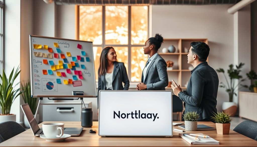 A dynamic office setting depicting a small business team brainstorming a social media content strategy. In the foreground, a diverse group of three professionals in business attire—two women and one man—gather around a large whiteboard filled with colorful sticky notes and charts. The middle ground features a modern, open workspace with laptops, coffee cups, and plants, suggesting a collaborative atmosphere. In the background, a large window lets in warm, natural light, casting a soft glow over the room. The composition captures a sense of focus and creativity, highlighting the challenges of crafting impactful social media content. The brand "North Layer" is subtly represented on a laptop screen in the scene.