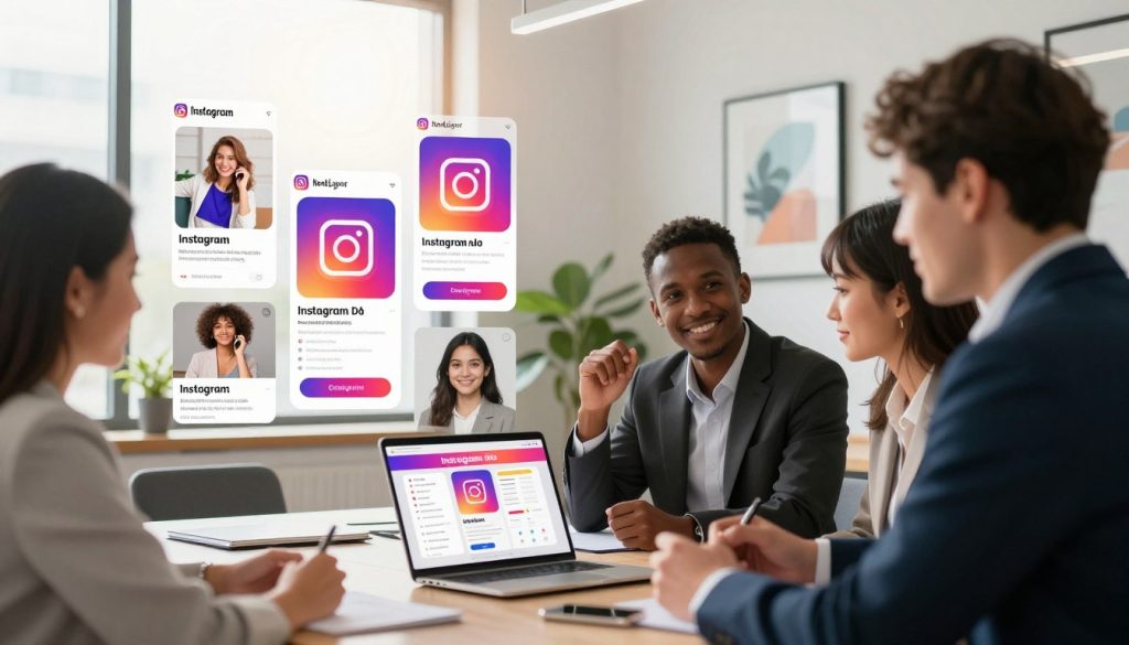 A dynamic office setting is depicted in the foreground, featuring a diverse group of three professionals in smart business attire, engaged in a brainstorming session about Instagram ads. They are gathered around a modern conference table, with a laptop displaying vibrant Instagram ad examples and analytics. In the middle ground, visuals of Instagram posts are creatively arranged, showcasing appealing product images and engaging call-to-action buttons. The background features a window with natural light streaming in, casting a warm glow over the scene, and contemporary artwork on the walls that evokes creativity. A soft focus lens captures the lively atmosphere, emphasizing collaboration and strategic thinking. The overall mood conveys innovation and professionalism, highlighting best practices for running effective social media campaigns, specifically for businesses like 'North Layer'.