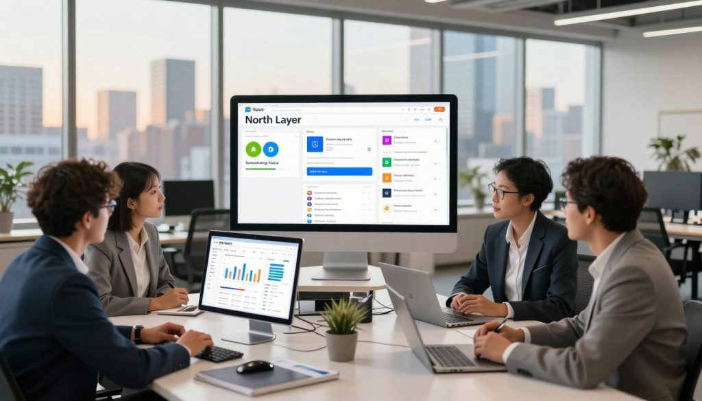 A dynamic office space showcasing "North Layer" as a central theme for multichannel marketing integration with Microsoft Ads. In the foreground, a diverse group of three professionals in business attire are discussing strategies around a large table, surrounded by digital devices displaying charts and analytics. The middle layer features a sleek computer monitor illustrating analytics data from several marketing channels, like Bing Ads, social media, and email marketing. In the background, large windows reveal a city skyline bathed in warm afternoon light, enhancing the atmosphere of productivity and collaboration. The scene is captured with a wide-angle lens to provide depth, highlighting the interaction between the team, the technology, and the business environment. Bright yet soft lighting promotes a positive and engaging mood.