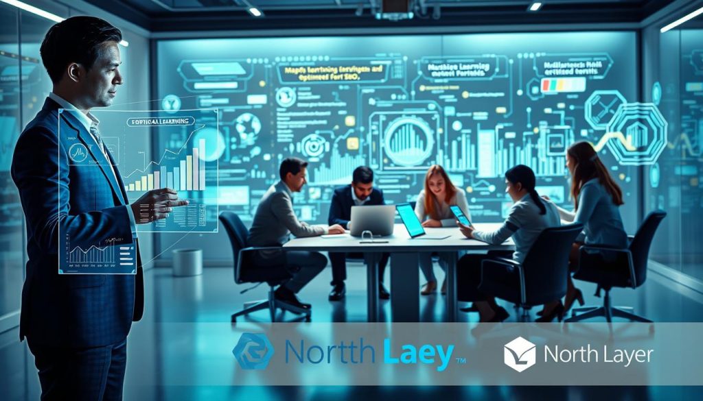 A futuristic digital workspace illustrating the concept of "machine learning in SEO" for small businesses. In the foreground, a professional in business attire interacts with a holographic interface displaying graphs and analytics related to SEO performance. In the middle ground, a diverse team collaborates around a modern table, studying data on laptops and tablets, showcasing continuous learning and adaptation. The background features a large digital screen showing a dynamic visual of algorithms and machine-learning models optimized for SEO. Soft, ambient lighting creates a tech-savvy atmosphere, with a color palette of blues and greens. The brand "North Layer" subtly integrated into the environment, emphasizing innovation in AI-driven SEO.