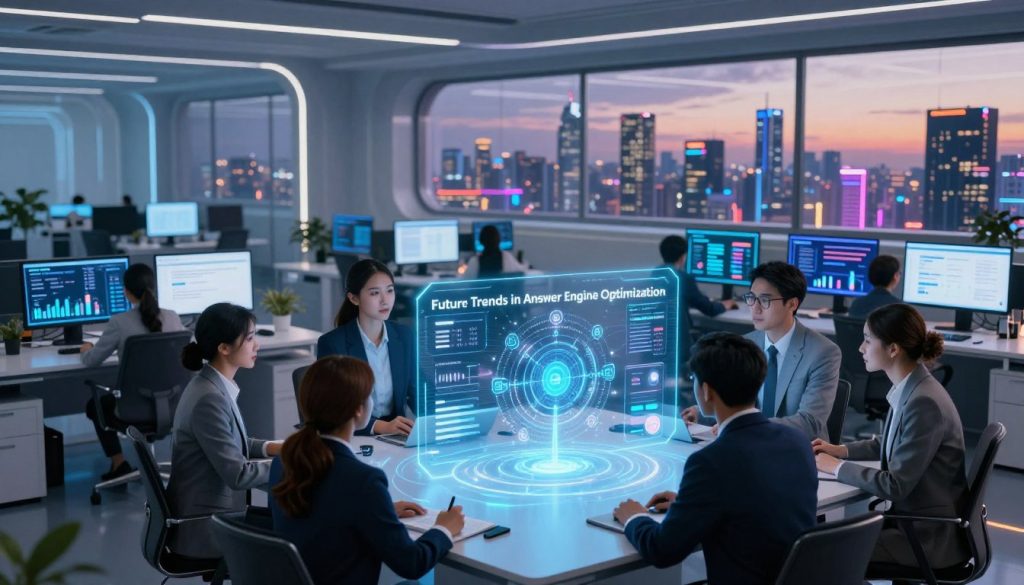 A futuristic office environment showcasing the concept of "Future Trends in Answer Engine Optimization". In the foreground, a diverse team of professionals in smart business attire collaborates around a high-tech holographic display, visualizing AI algorithms and data analytics. The middle layer captures sleek, modern workstations with multiple screens displaying graphs, search trends, and AI interfaces. The background features a panoramic city skyline with futuristic architecture against a twilight sky, illuminated by vibrant neon lights. The scene is softly lit with dynamic lighting emphasizing the glow from the holograms and screens, creating an energetic yet professional atmosphere. The brand name "North Layer" subtly integrated into the holographic interface.