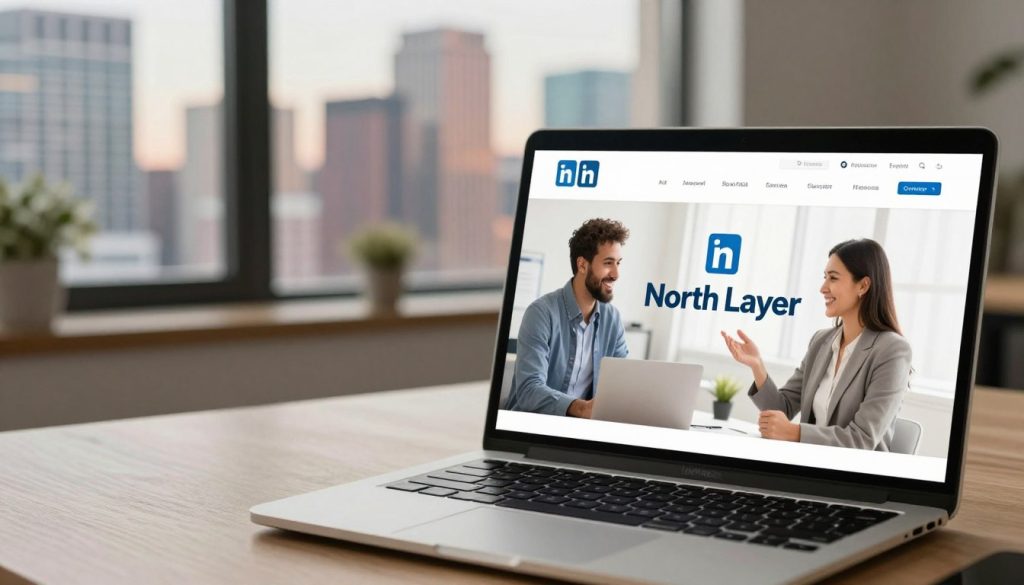 A modern LinkedIn profile page showcasing small business branding for "North Layer." In the foreground, a clean and professional digital workspace featuring a laptop with the North Layer logo prominently displayed on the screen. In the middle, a diverse group of three professionals, two men and one woman, dressed in smart casual attire, are engaged in a virtual networking session, smiling and interacting through the laptop. In the background, a vibrant city skyline is visible through a large office window, symbolizing growth and opportunity. Soft, ambient lighting enhances the welcoming atmosphere, with a focus on warm colors to convey collaboration and connection. The angle is slightly above eye level, capturing the essence of digital networking on LinkedIn.