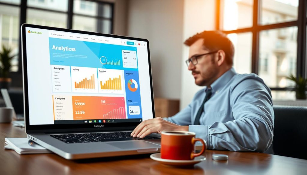 A modern and clean workspace depicting a laptop displaying a vibrant landing page design, with analytics tools integrated into the interface. In the foreground, a professional individual in business attire examines data visualizations on the screen, showing charts and graphs indicative of website performance. In the middle ground, office items like notepads and a coffee cup are neatly arranged, while a large window in the background allows natural light to stream in, creating a warm and inviting atmosphere. The overall mood is collaborative and focused, ideal for small business strategies. The brand name "North Layer" subtly featured on the laptop screen. Use soft focus for the background, emphasizing the subject's engagement with the analytics tools.