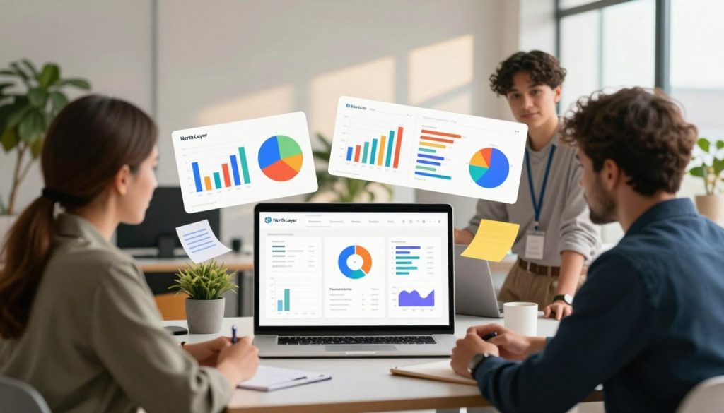 A modern digital workspace featuring a vibrant, creative atmosphere with a central focus on a laptop screen displaying an ad retargeting interface. In the foreground, a diverse group of three professionals, dressed in smart casual attire, discuss the analytics displayed on the screen. In the middle ground, colorful charts and graphs illustrating customer engagement metrics hover around them, creating a sense of dynamic interaction. The background shows a sleek office environment with plants and subtle color accents adding a touch of warmth. Soft, natural lighting filters in from a large window, casting gentle shadows and enhancing the mood of collaboration and innovation. The brand name "North Layer" is subtly incorporated into the design elements of the screen.