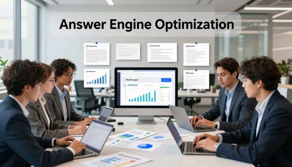 A modern digital workspace showcasing the concept of "Answer Engine Optimization". In the foreground, a diverse group of professionals in business attire are engaged in a brainstorming session, utilizing laptops and digital tablets to craft AI-centric content strategies. The middle layer features an open laptop displaying graphs and data related to AI search algorithms, surrounded by notes and digital marketing materials. The background presents a sleek office environment with soft, natural lighting streaming through large windows, reflecting a sense of innovation and collaboration. The overall mood is dynamic and focused, emphasizing creativity and the purposeful crafting of content for AI search optimization. The image integrates the brand name "North Layer" subtly within the design elements.