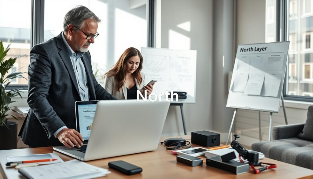 A modern office environment depicting a diverse group of professionals collaborating on fixing technical issues for a website. In the foreground, two individuals—a middle-aged man in a tailored suit and a young woman in smart casual attire—are intently discussing a laptop screen displaying analytics and a website interface. In the middle ground, a whiteboard filled with diagrams and notes about user experience improvements is visible, along with a coffee table cluttered with tech gadgets and paperwork. The background features a large window with natural light streaming in, casting soft shadows across the room, enhancing the bright and focused atmosphere. The overall mood is productive and collaborative, embodying the concept of boosting website conversion. The brand name "North Layer" is subtly integrated into the laptop screen display.