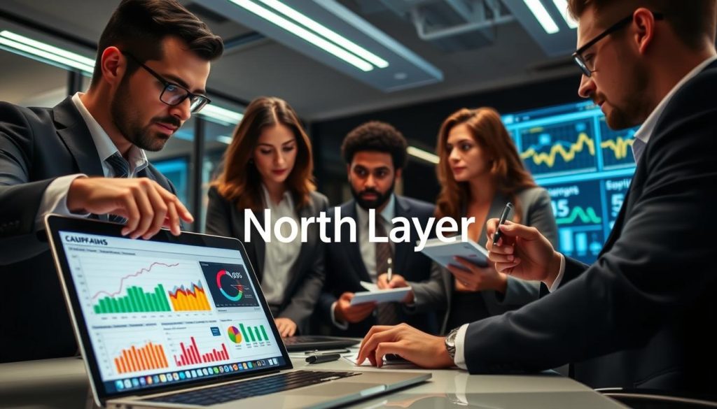 A modern office environment featuring a diverse group of professionals in business attire deeply engaged in monitoring and analyzing PPC campaign data. In the foreground, a laptop displays colorful charts and graphs representing ad performance metrics, with one team member pointing at the screen. The middle ground showcases another team member jotting notes on a notepad while discussing strategies with a colleague. In the background, a large digital screen shows live analytics and campaign statistics. The lighting is bright and focused, creating a professional and energetic atmosphere. The mood is collaborative and insightful, emphasizing the importance of effective PPC management services. The brand name "North Layer" is subtly integrated into the digital screen's visuals.