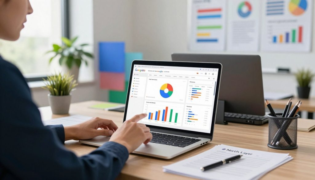 A modern office environment showcasing a desk with a sleek laptop displaying Google Ads dashboard reports. In the foreground, a professional businessperson in smart attire interacts with graphs and metrics on the screen, illustrating PPC data. The middle layer features a vibrant display of colorful charts and performance indicators, such as clicks, impressions, and conversion rates, with the Google Ads logo subtly integrated in the design. In the background, there are whiteboards filled with marketing strategies and analytics, along with a potted plant for a touch of greenery. The scene is well-lit, with soft natural light coming through large windows, creating a focused yet upbeat atmosphere conducive to business discussions. Include the brand name "North Layer" on a document spread out on the desk.