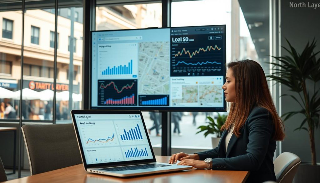 A modern office environment showcasing a focused professional analyzing local SEO performance. In the foreground, a young woman in smart casual attire, studying data on a laptop, with analytical charts displayed on the screen. The middle layer features a large wall-mounted monitor displaying graphs, keyword rankings, and local map analytics. In the background, a clear glass window showing a bustling street scene with small businesses, under a bright, natural light. The overall mood is dynamic and productive, capturing the essence of modern digital marketing. Professional branding displayed subtly, incorporating the logo of "North Layer" on the laptop. Lens: 35mm, angled slightly upward to capture the atmosphere of a collaborative workspace.