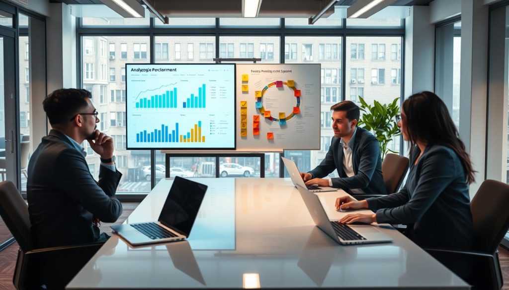 A modern office environment showcasing a focused team analyzing social media performance. In the foreground, a diverse group of three professionals in smart casual attire, gathered around a sleek table filled with laptops and charts. They are actively discussing analytics data displayed on a large digital screen that highlights engagement metrics and trends, symbolizing strategic planning. In the middle ground, a whiteboard filled with colorful graphs and post-it notes emphasizing strategic ideas and goals. The background features large windows allowing natural light to fill the space, creating an open and collaborative atmosphere. Soft, warm lighting enhances the professional yet inviting mood. The brand name "North Layer" is subtly incorporated within the office design through decorative elements.