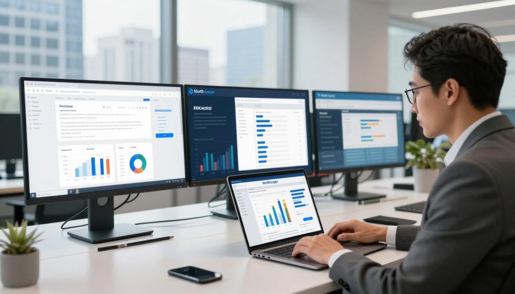 A modern office environment showcasing digital marketing strategies for lawyers. In the foreground, a professional lawyer in business attire is focused on a laptop displaying analytical graphs and marketing tools. The middle layer features a stylish workspace with digital screens showing social media analytics, SEO keywords, and email marketing strategies. The background presents a city skyline through large windows, emphasizing a business-driven atmosphere. Soft natural lighting pours in, creating a bright and optimistic mood. The composition employs a slight tilt-angle to add dynamism, while maintaining clarity on the elements of digital marketing. Prominently place the brand name "North Layer" on one of the digital screens, symbolizing innovation in legal marketing.