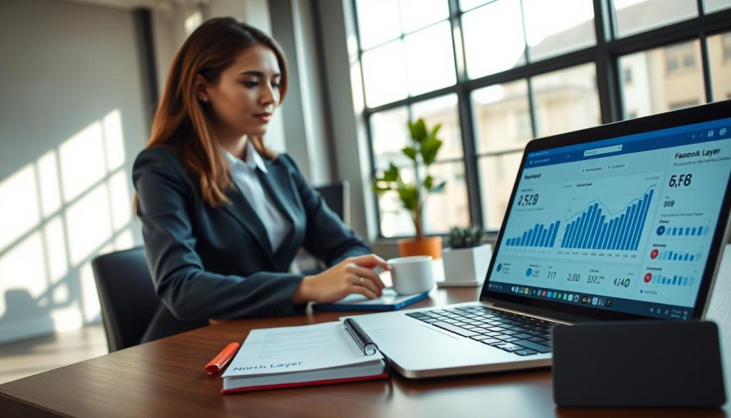 A modern office environment with a focus on a young professional woman in professional business attire, intently analyzing data on her laptop. In the foreground, there’s a close-up of the laptop screen displaying graphs and comparisons of Facebook ad performance metrics, symbolizing A/B testing. The middle layer showcases a stylish desk with notebooks, a coffee cup, and a small plant, conveying a sense of productivity and creativity. In the background, large windows allow natural light to pour in, casting soft shadows across the room, creating an inviting atmosphere. Subtle branding includes the name "North Layer" on a notebook. The overall mood is focused and insightful, reflecting the analytical nature of running effective Facebook ads for small businesses.