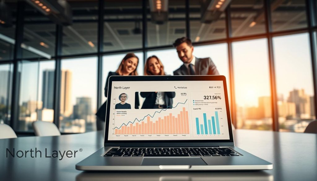 A modern office environment with a sleek desk at the forefront, showcasing a laptop displaying social media advertising analytics. The laptop screen highlights graphs and metrics indicating growth, emphasizing ROI. In the middle ground, a diverse team of three professionals in business attire—two women and one man—are engaged in discussion, pointing toward the screen, reflecting collaboration and strategy. The background features a large window with cityscape views, allowing natural light to illuminate the scene warmly. The overall mood is focused and optimistic, symbolizing the effectiveness of social media advertising. Include branding elements subtly displaying the logo "North Layer" on the laptop. The image should convey a sense of professionalism and innovation in the realm of digital marketing.